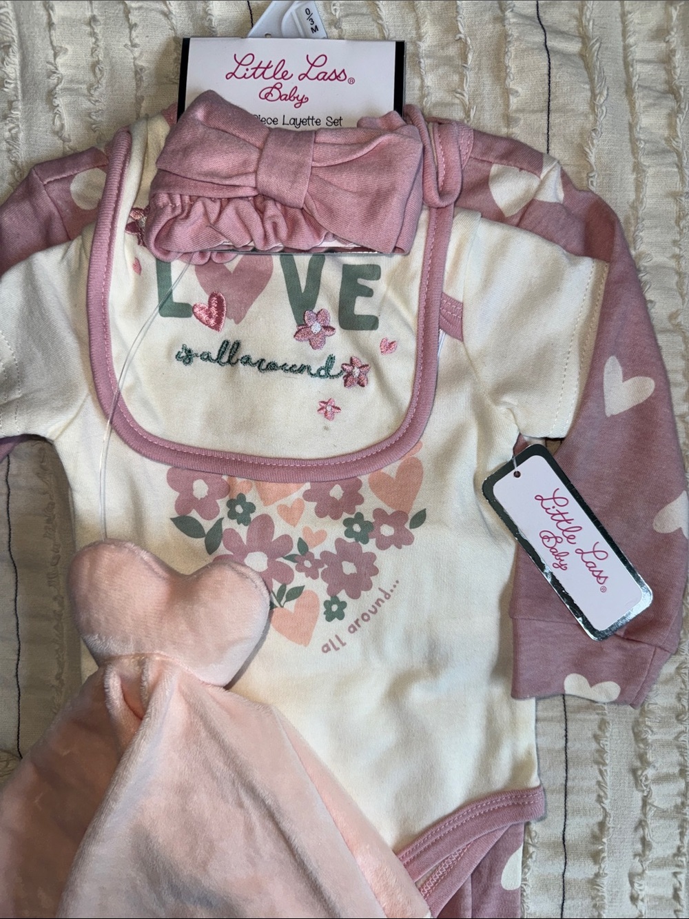 Little Lass Pink & White Heart Floral Bodysuit and Footed Pants Set